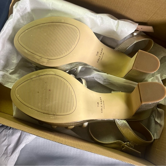 Cole Haan Gold Leather Strappy Heels Women's 7.5 Shoes New in Box - Picture 10 of 10